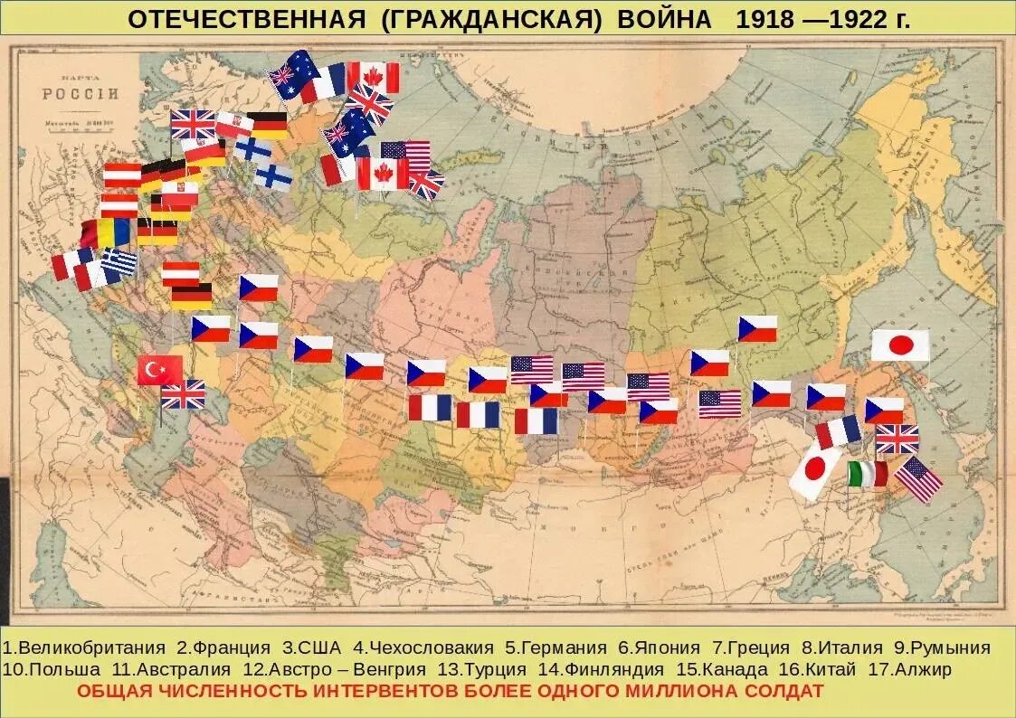 Гражданский мир в россии. Иностранная интервенция в России 1918-1922 карта. Карта России 1918 года. Иностранная Военная интервенция в России карта.