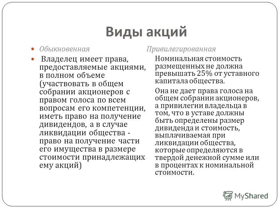 Основные признаки обыкновенной акции. Виды акций. Виды акций обыкновенные и привилегированные. Оиды акций.