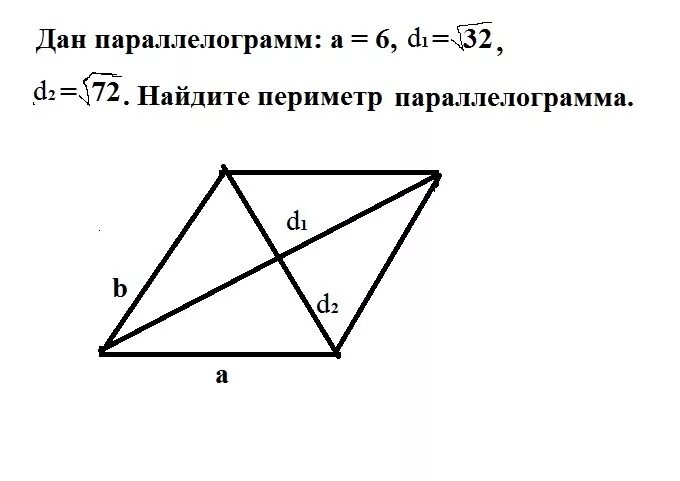 Можно ли вписать параллелограмм. Нахождение диагонали параллелограмма. Диагональ параллелограмма через стороны. Формула нахождения диагонали параллелограмма. Как вычислить периметр параллелограмма.