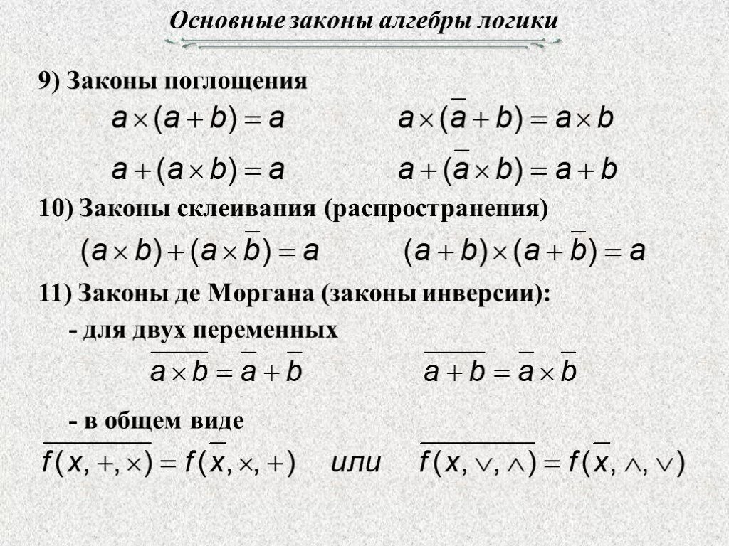 Презентации алгебра 11 класс. Закон поглощения алгебры логики. Законы алгеблогики поглощения.. Законы поглощения и склеивания алгебры логики. Алгебра логики 11 класс.