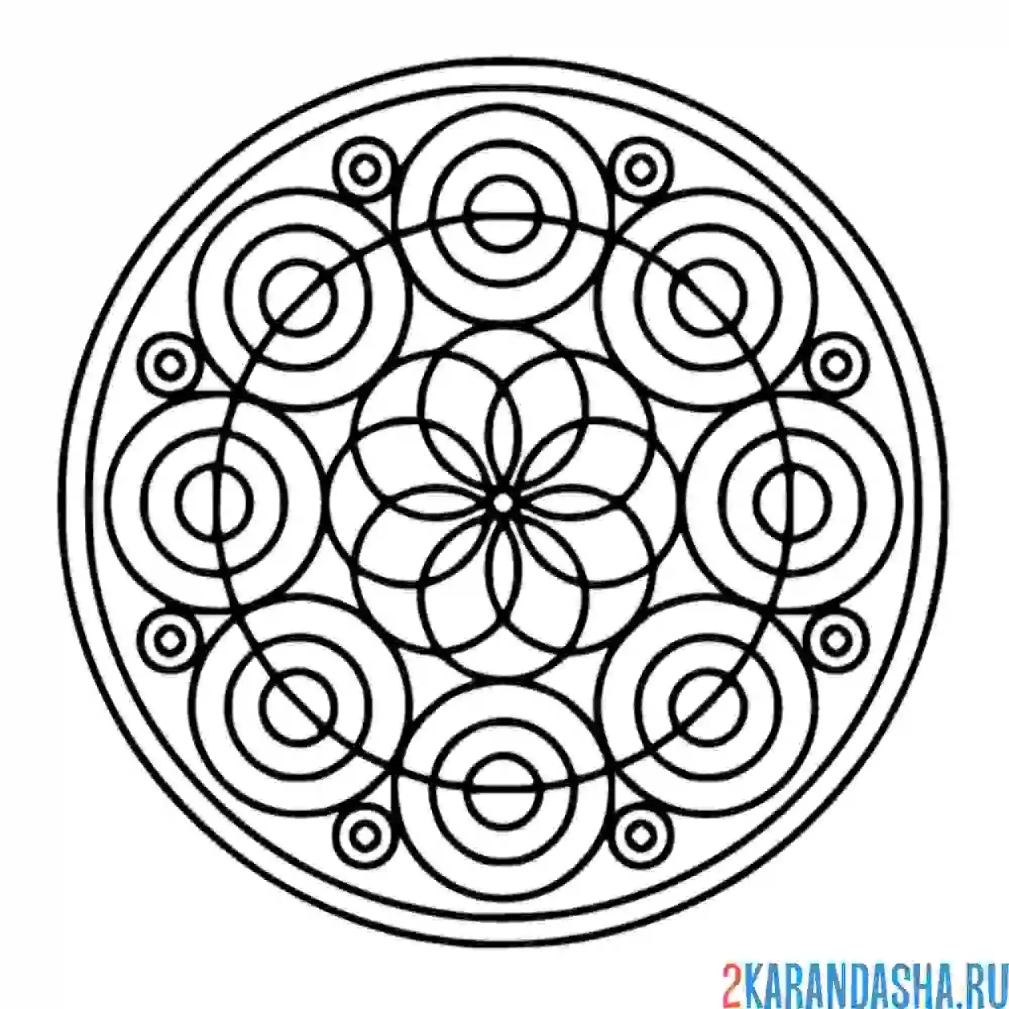 Раскрась цветными карандашами цветы из окружностей. Орнамент в круге. Геометрический узор в круге. Геометрический орнамент в круге. Симметричный узор в круге.