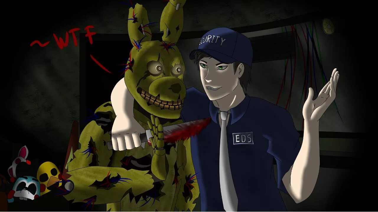 Five nights at freddys springtrap. ФНАФ СПРИНГТРАП И охранник. Охранник ФНАФ 3. СПРИНГТРАП И охранник арт.