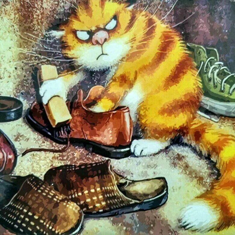 Чистит мастер башмаки. Кот чистит обувь. Кот картина. Недовольный кот живопись. Кот в башмаке.