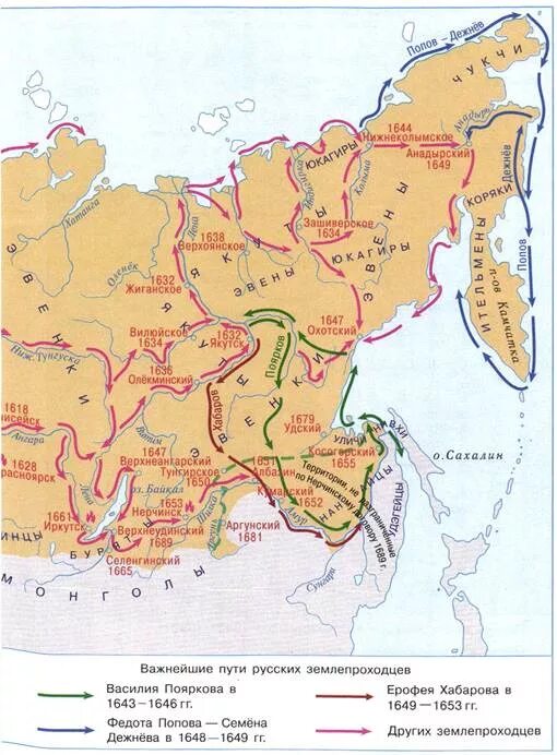 Карта Сибирь 17 век землепроходцы. Походы русских землепроходцев в 17 веке карта. Освоение Сибири и дальнего Востока карта России в 17 веке. Землепроходцы 17 века карта.