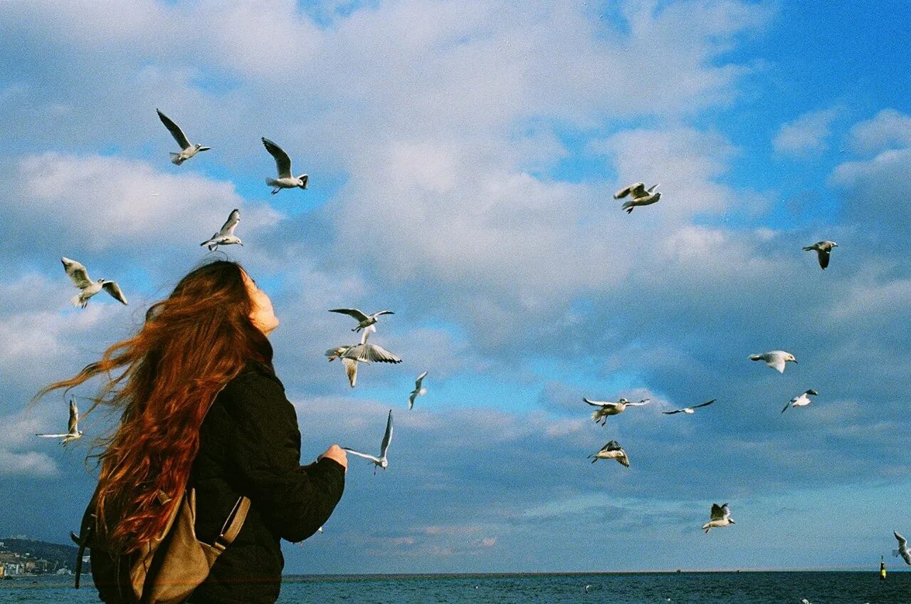 Способность птиц летать всегда привлекала человека основная. Море птицы девушка. Птицы улетают. Птицы над головой. Девушка и улетающие птицы.