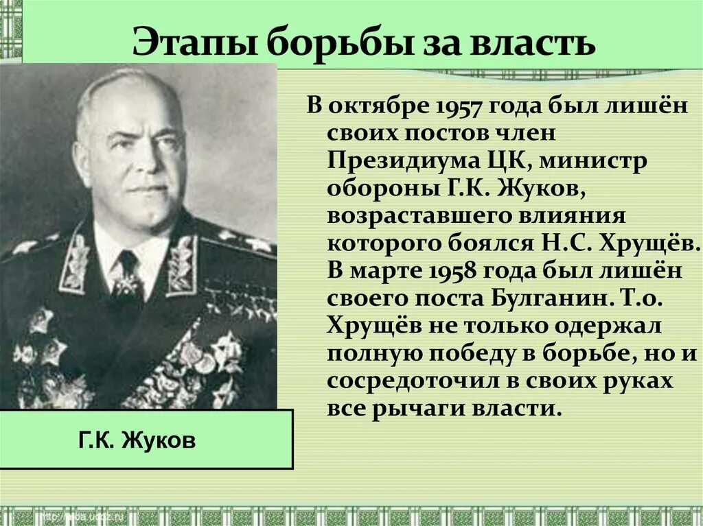 Министр обороны 1957. Этапы борьбы за власть Хрущева. Отстранение Жукова в 1957. Четвертый этап борьбы за власть. Борьба за власть и влияние