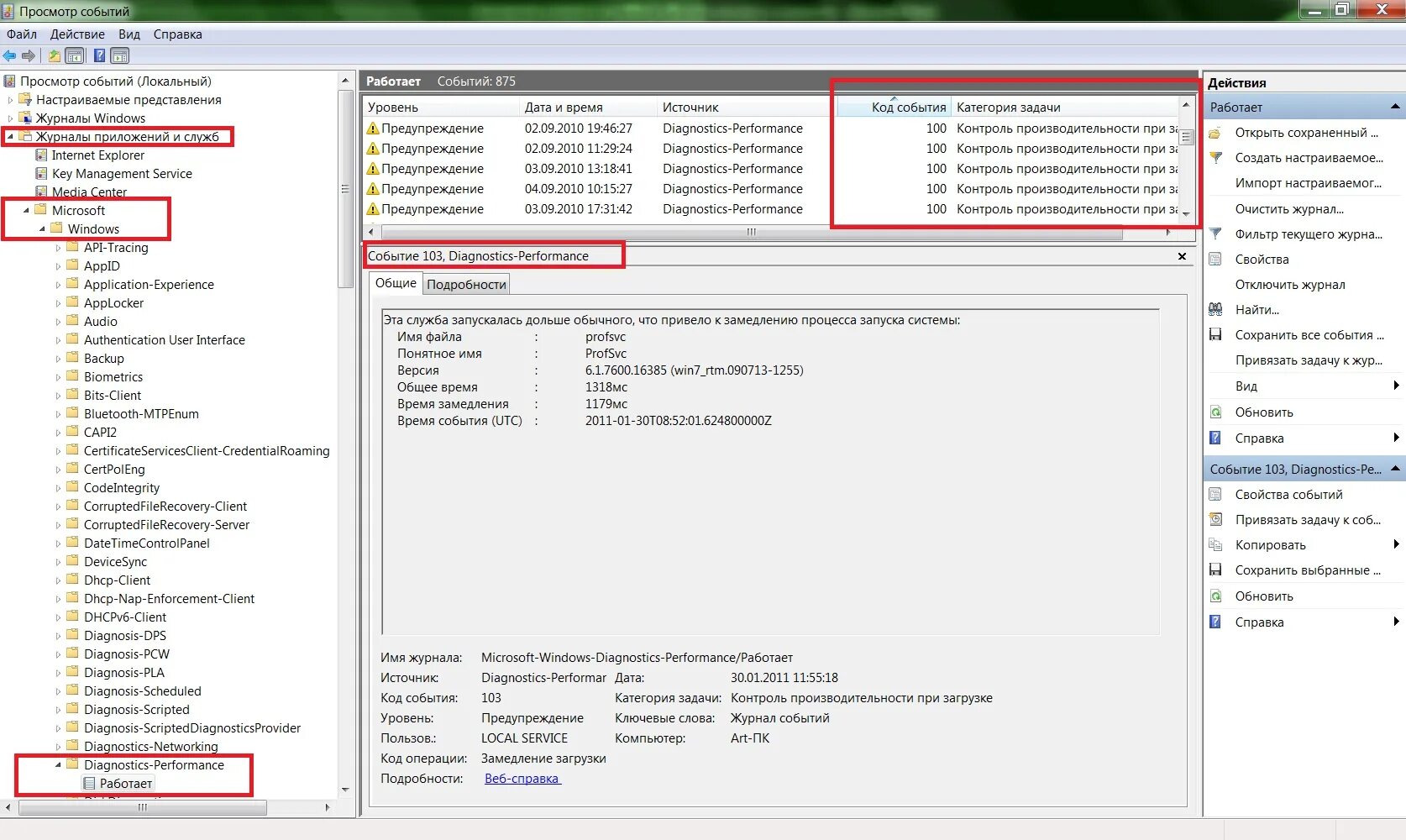 Код события 20. Коды событий Windows. Просмотр событий Windows 7. Журналы приложений и служб. Контроль производительности при загрузке.