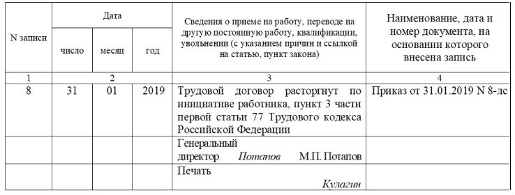 Трудовой договор расторгнут по инициативе запись в трудовой книжке. Трудовой договор расторгнут по инициативе работника ст. Увольнение по собственному желанию запись в трудовой. Запись в ТК расторжение трудового договора по инициативе работника. Можно уволить сотрудника на испытательном сроке