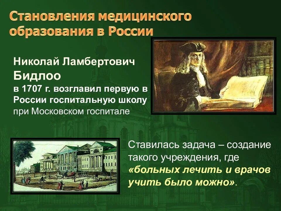 В каком веке открыли школу. Госпитальные школы 18 века в России. Первая Госпитальная школа Бидлоо. Первый Московский госпиталь при Петре 1. Госпитальная школа при Петре 1.