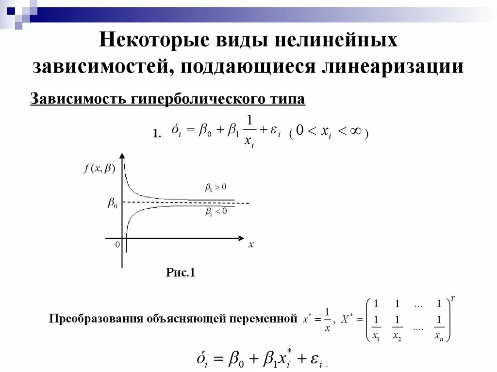 Период регрессии. Нелинейные модели регрессии и их линеаризация. Нелинейная функция регрессии. Виды нелинейной зависимости. Гиперболический Тип.