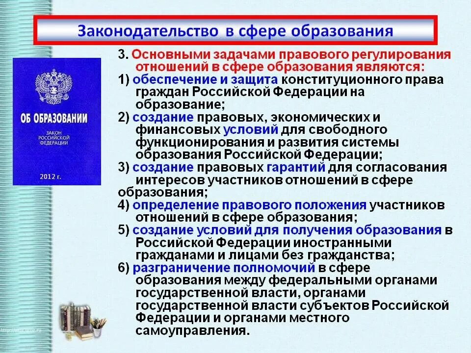 Общественные организации нормативно правовой акт. Задачи правового регулирования отношений в сфере образования. Правовое регулирование отношений в сфере образования презентация. Основной документ в сфере образования. Законодательство регулирующее отношения в области образования.