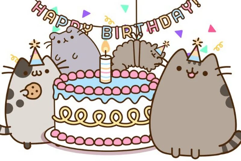 Стикеры на телефон с днем рождения. Котик Пушин с тортиком. Pusheen Cat с днем рождения. Рисунок на день рождения. Открытки с днём рождения с котиками.