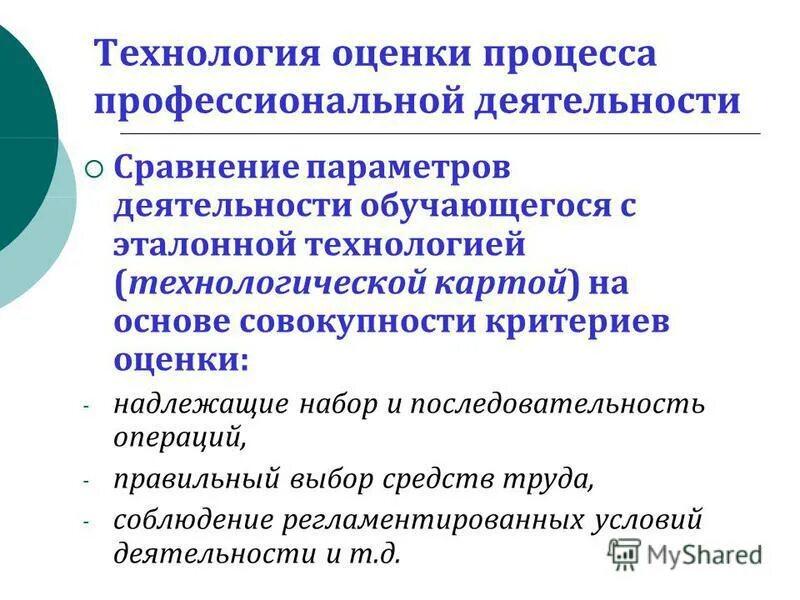 Деятельности по сравнению с данным. Оценка технологий. Процесс профессиональной деятельности. Критерии оценки профессионализма учителя. Формы диагностики профессиональных оценочных процедур.