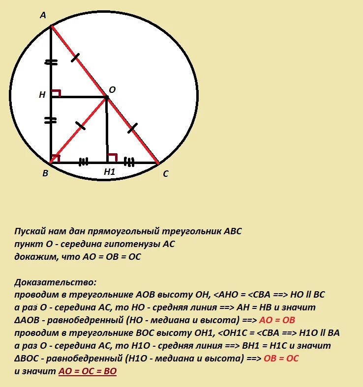 Середина гипотенузы прямоугольного треугольника является центром