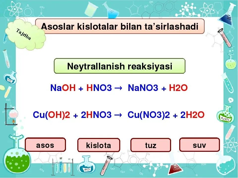 Kislotalar. Asoslar formulasi. Кислоталар жадвали. Asoslar eruvchan asoslar. Asoslar jadvali.