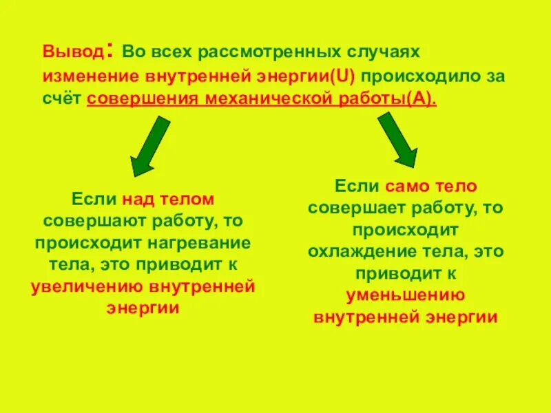 Изменение внутренней энергии. Внутренняя энергия изменение внутренней энергии. Внутренняя энергия совершение работы. Совершение работы телом примеры. Изменение энергии при совершении работы