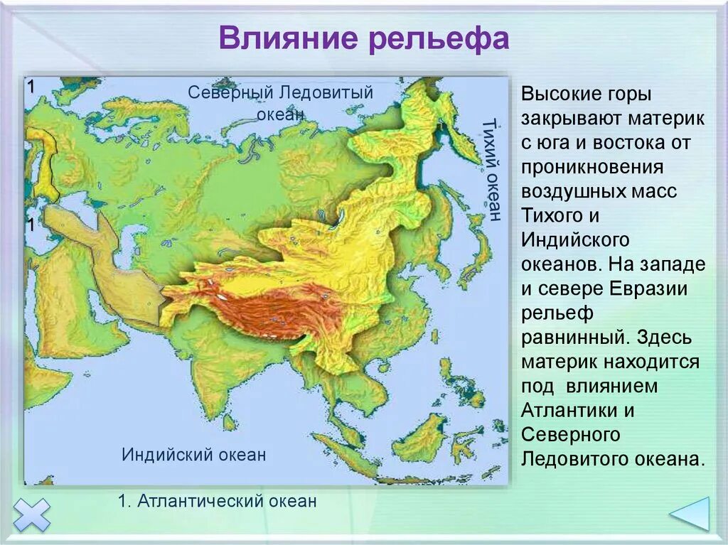 Какие факторы влияние на климат евразии. Рельеф Евразии. Климат материка Евразия. Восточныя Евразия рельеф. Горные рельефы Евразии.