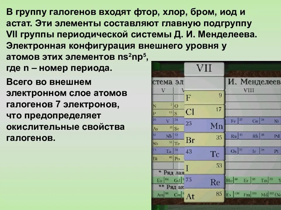 Бром вытесняет хлор. Элементы VII группы главной подгруппы. Главная группа Главная Подгруппа элемента. Группы и подгруппы химических элементов. Общая характеристика элементов главной подгруппы VII группы.