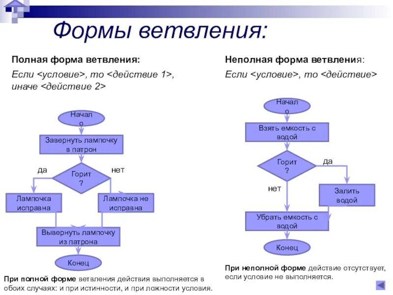 Алгоритм ветвления полная и неполная форма