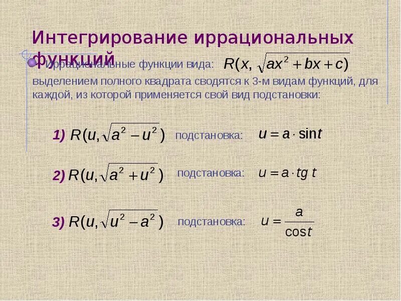 Иррациональный метод вычисления интегралов. Интеграл иррациональной функции. Интегрирование простейших иррациональных функций. Интегрирование иррациональных выражений кратко. Интегралы иррациональных функций