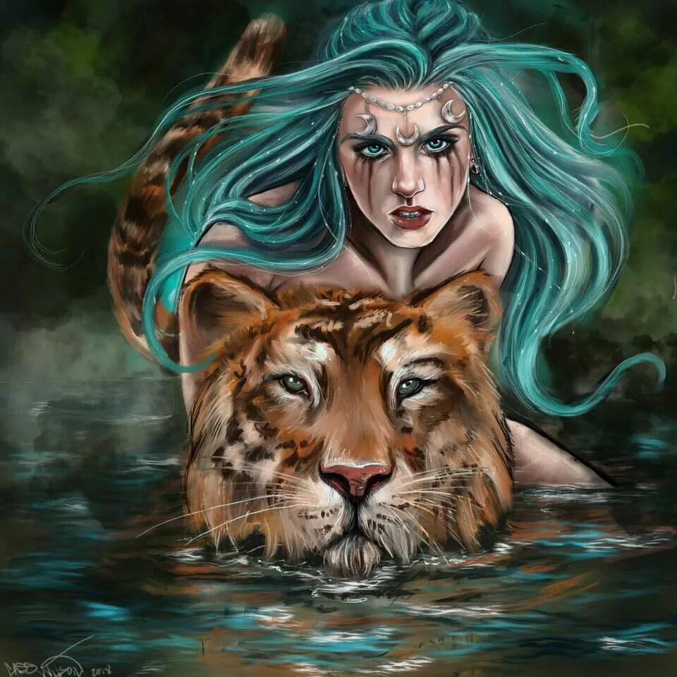 Тигр козерог. Фэнтези животные. Девушка с рыбой картина. Девушка рыба тигр. Мифические существа.