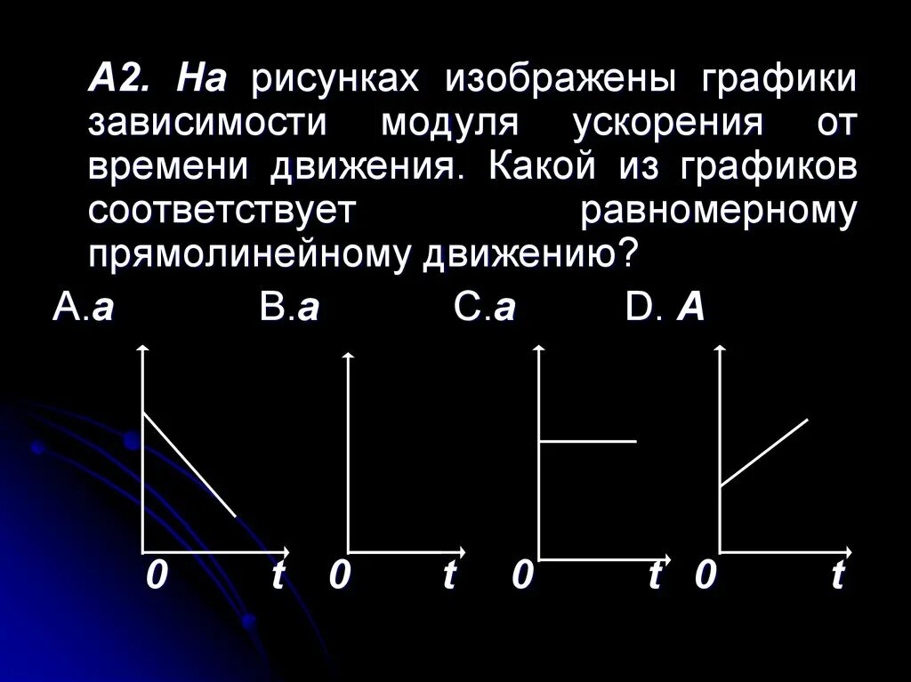 Модуль скорости с течением времени равномерно уменьшается. Какой график соответствует равномерному движению. график зависимости модуля ускорения от времени движения.