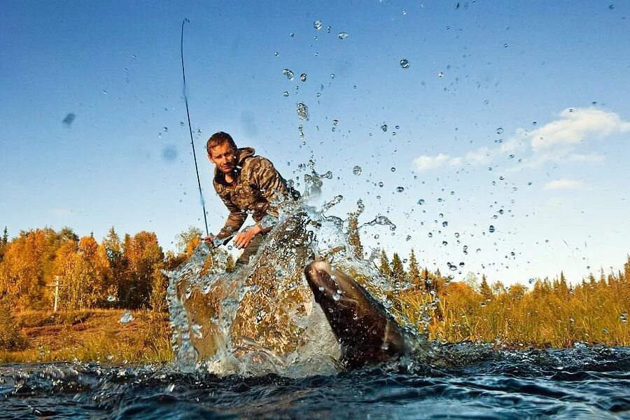 Ловля в прыжке. Вываживание крупной рыбы. Природа рыбалка. Рыбак ловит рыбу. Профессиональный Рыбак.