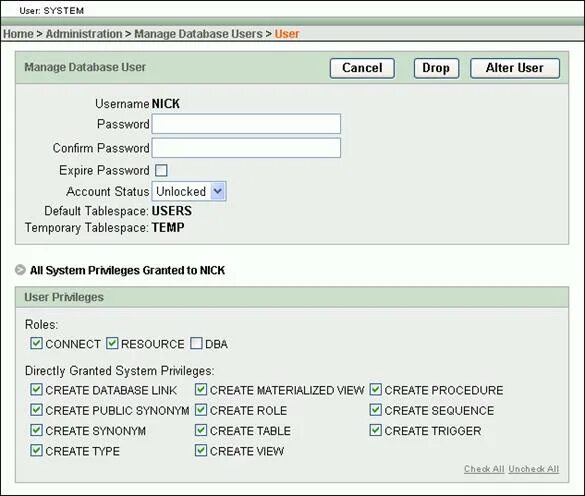 System privileges. Alter user Set password Oracle.