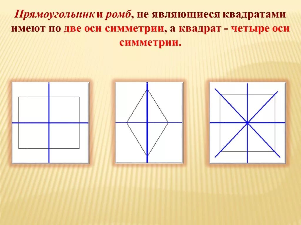 Ромб всегда является квадратом. Что такое ось симметрии квадрата 2 класс математика. Оссисеметрии квадрата. Оси симметрии квадрата 2 класс. Сколько осей симметрии у квадрата.