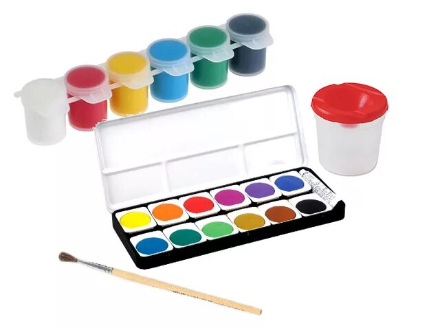 детские акварельные краски. ребенок с кисточкой и красками. краски для рисования. палитра для красок. кисточка для рисования.