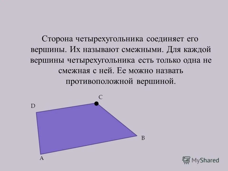 Назовите стороны четырехугольника. Противоположные вершины четырехугольника. Стороны четырехугольника. Противолежащие вершины четырехугольника. Соседние стороны четырехугольника.