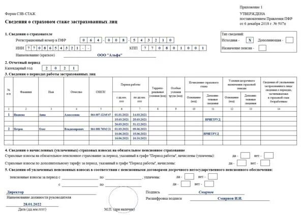 Пример заполнения сзв стаж за 2025 год Новая форма СЗВ-СТАЖ за 2018 год: готовый образец заполнения