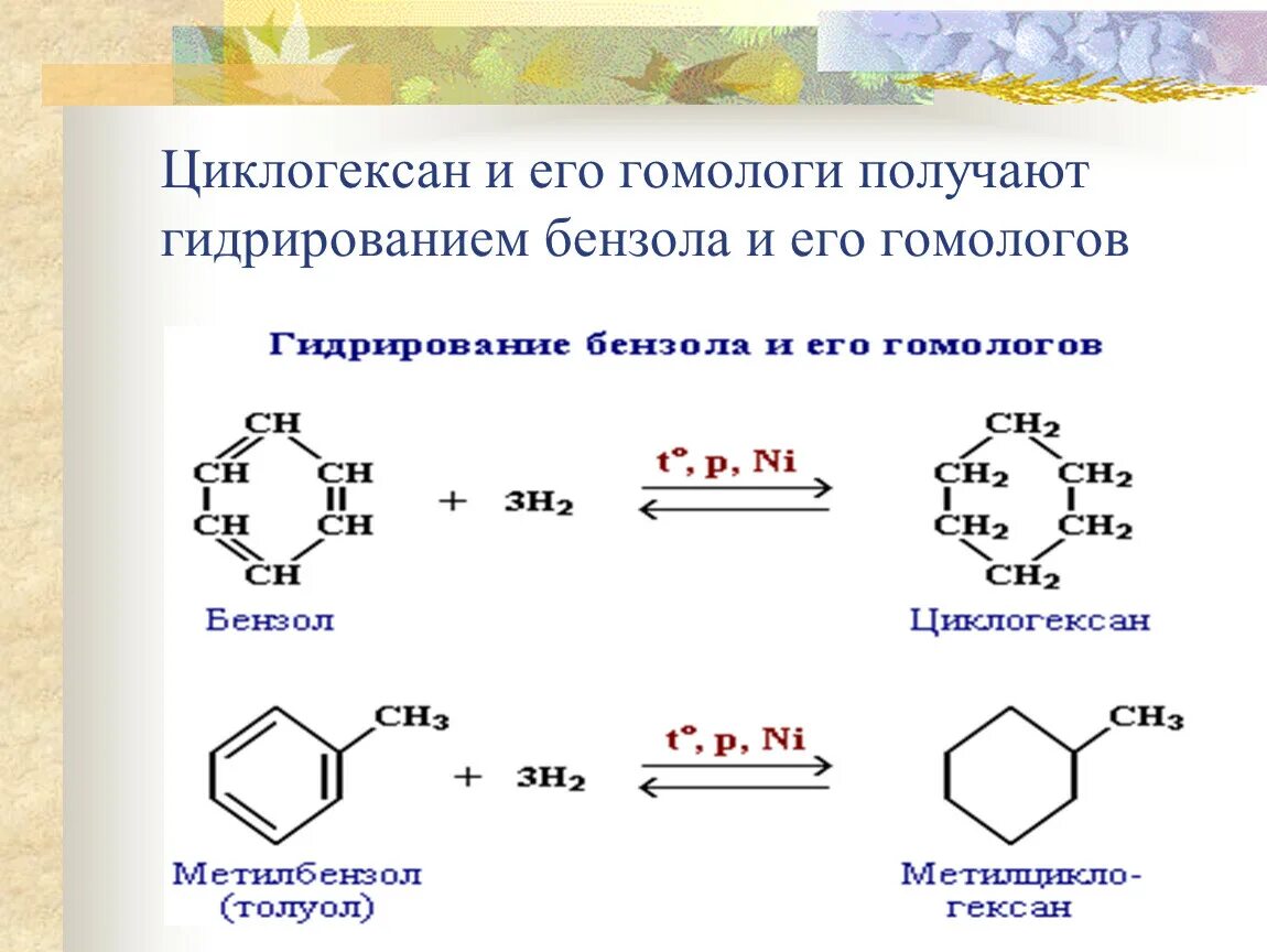 Ацетилен бензойная кислота. Ацилирование циклогексана. Дегидрирование циклопентена. Хлорциклогексан циклогексен. Гидрирование бензола и его гомологов.