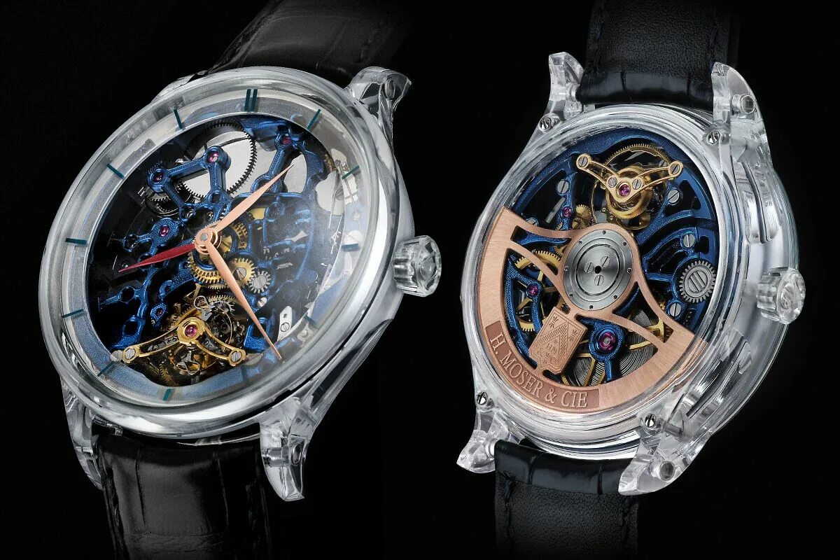 Сапфировые часы наручные. Часы Skeleton Tourbillon. Moser Skeleton Tourbillon Pioneer. Часы скелетоны с турбийоном. Часы корпус сапфир.