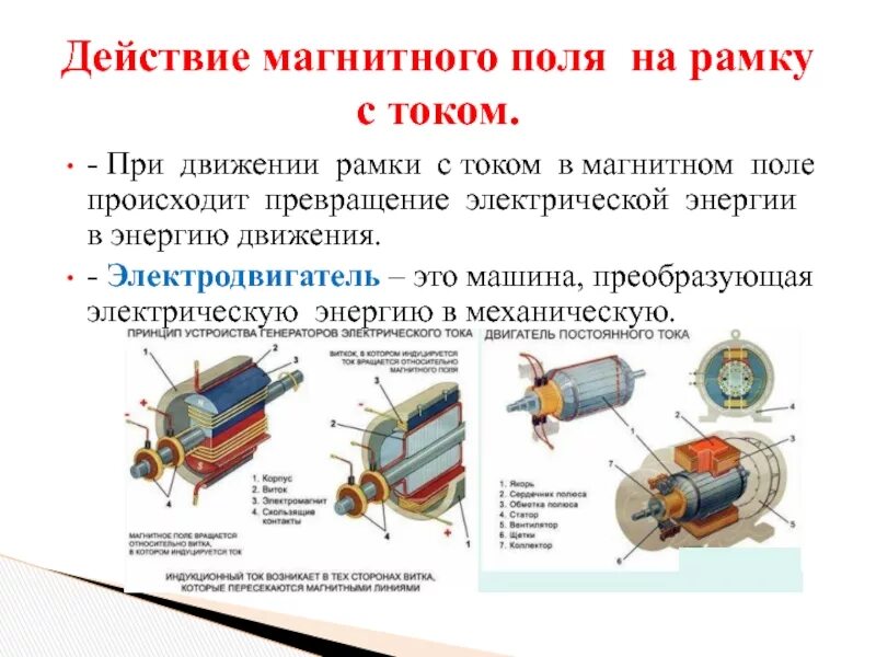 Какие преобразования энергии происходят в проводнике. Электродвигатель рамка с током. Магнитное действие тока преобразование энергии. Принцип перехода механической энергии в электрическую. Рамка с током в магнитном поле электродвигатель.