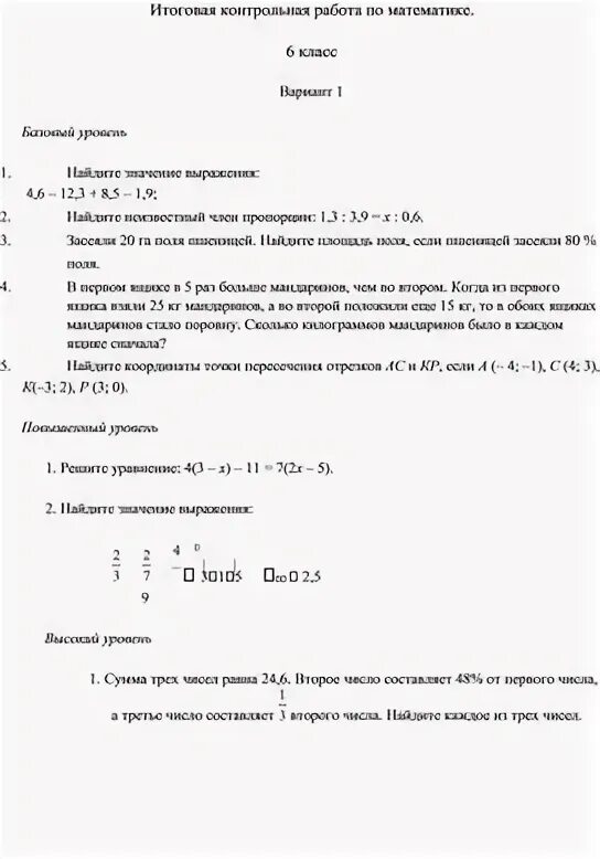 Годовая контрольная по литературе 6 класс