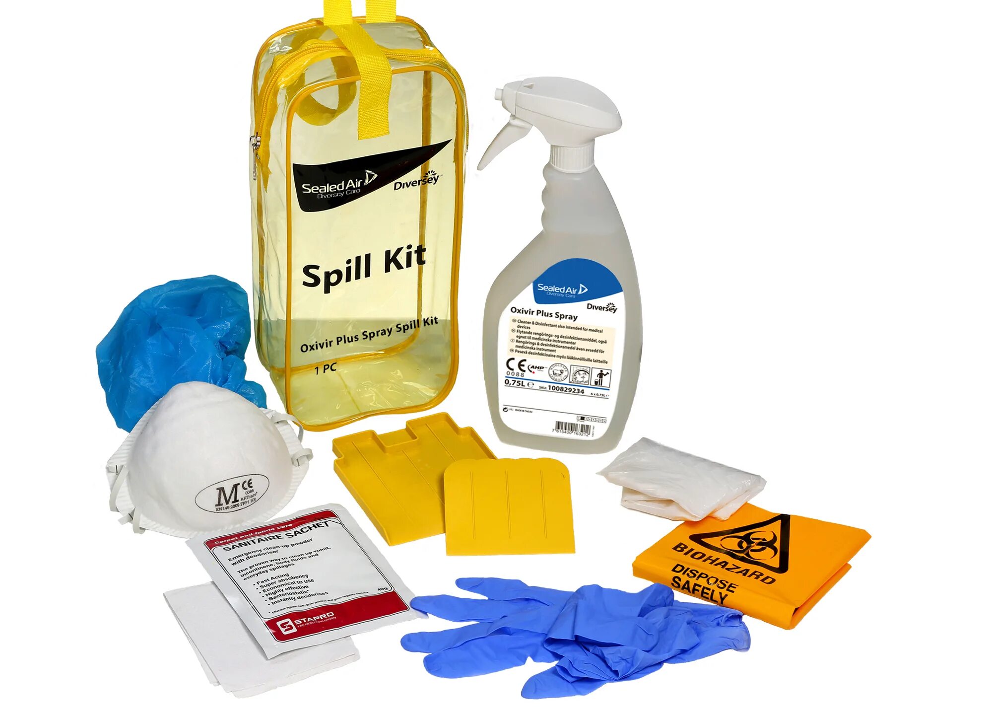 Набор spill Kit. Одноразовые материалы для клининга. Дезинфекция рвотных масс. Контейнер для рвотных масс. Жидкие отходы больных туберкулезом рвотные массы