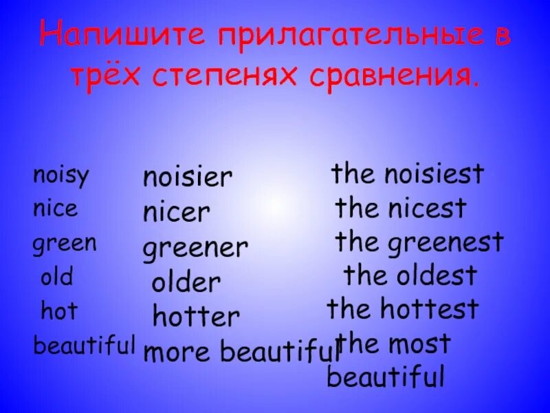 Образовать степени сравнения hot. Сравнительная степень nice. Сравнительная степень прилагательных Noisy. Степени сравнения прилагательных nice. Сравнительная степень nice в английском.