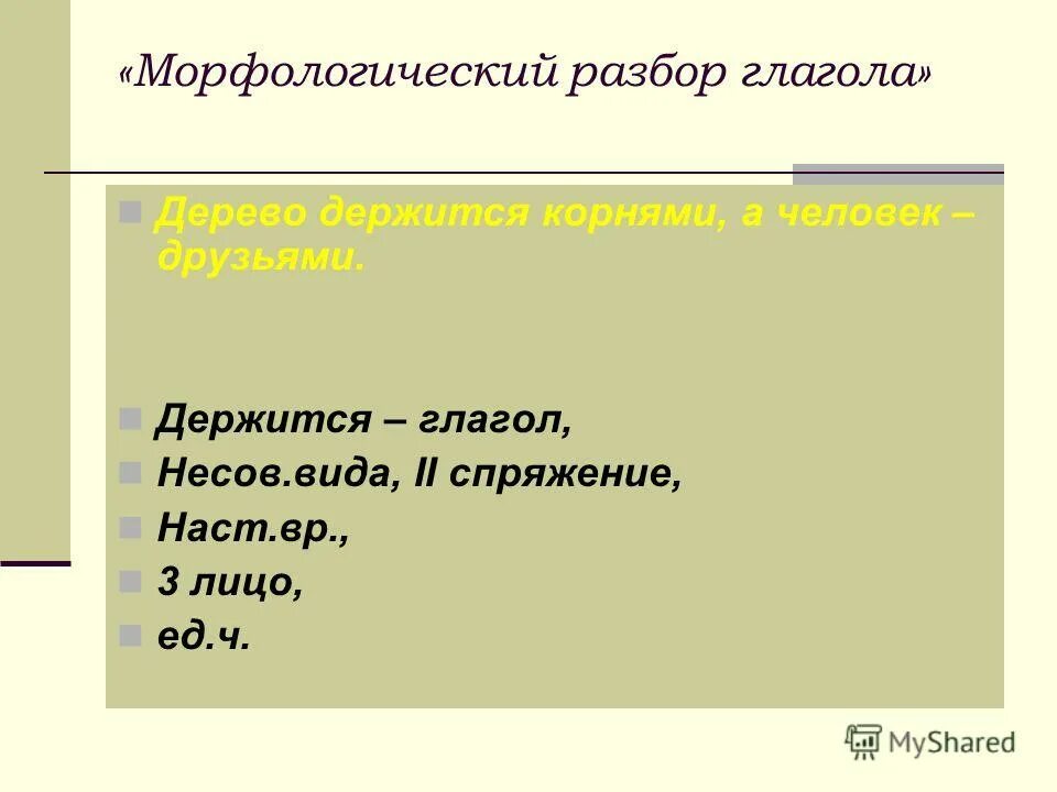 Морфологический разбор 3 слов глаголов. Морфологический разбор глагола. Морфологический разбор глагола лицо. Морфологический разбор глагола спряжение. Морфологический разбор глагола держится.