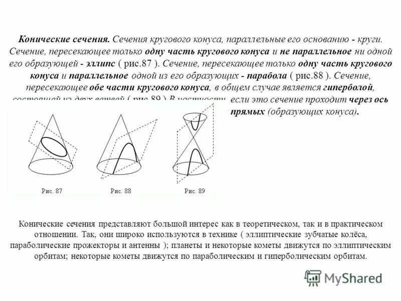 Линии сечения конуса плоскостью. Круговое сечение конуса. Сечение проходящее через вершину конуса. Плоское сечение конуса гипербола. Построение сечения конуса.