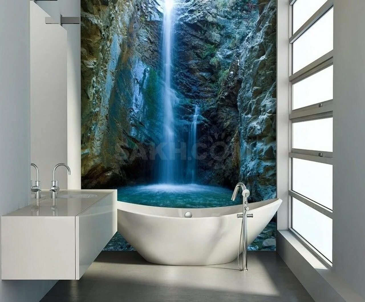 Фотоплитка водопад. Панно в ванную комнату. Ванна в стиле природы. Фотообои в ванной комнате.