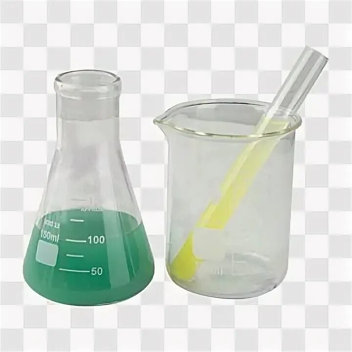 Колба с раствором. Тимоловый синий индикатор. Кислоты в пробирках. Предмет для добавления порошкообразных веществ в колбу. Колба с жидкостью.