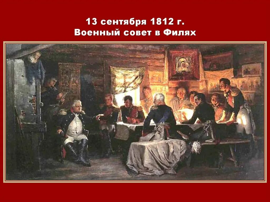 Какое решение принято в филях. 13 сентября 1812 года военный совет в филях. отечественная война 1812 совет в филях. отечественная война 1812 года совет в филях. совет в филях 1812 картина.