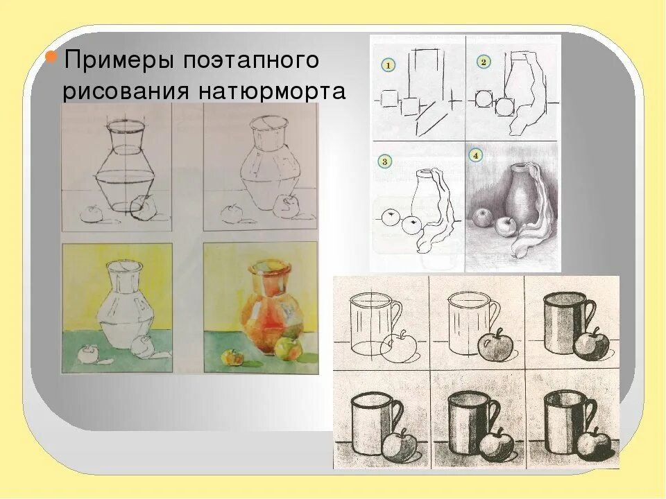 Презентация рисование поэтапно натюрморт. Этапы рисунка натюрморта. Натюрморт для детей построение. Последовательное рисование натюрморта. Этапы рисования натюрморта.