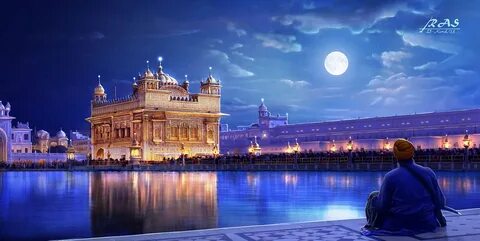 Обои город, арт, огни, ночь, человек, the golden temple, punjab, река, indi...