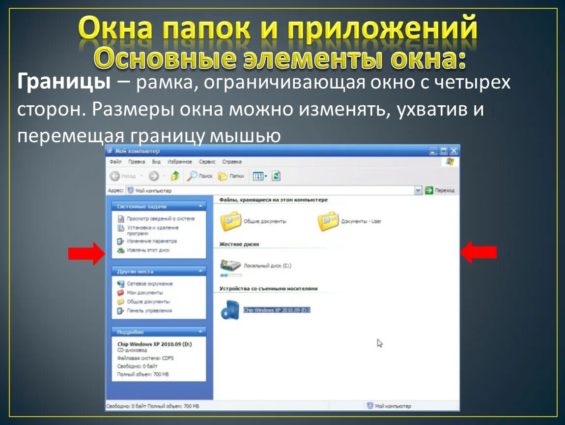 Элементы окон приложений. Основные элементы окна папки. Обязательные элементы окна папки. Элементы окна папки Windows. Окна папок и приложений Информатика.