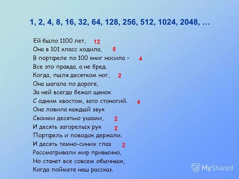 64 128 256 512 1024. Ей было 1100 лет она в 101 класс ходила в портфеле по 100. Ей было 1100 лет она в 101 класс. Стих ей было 1100 лет. Она в 101 класс ходила.