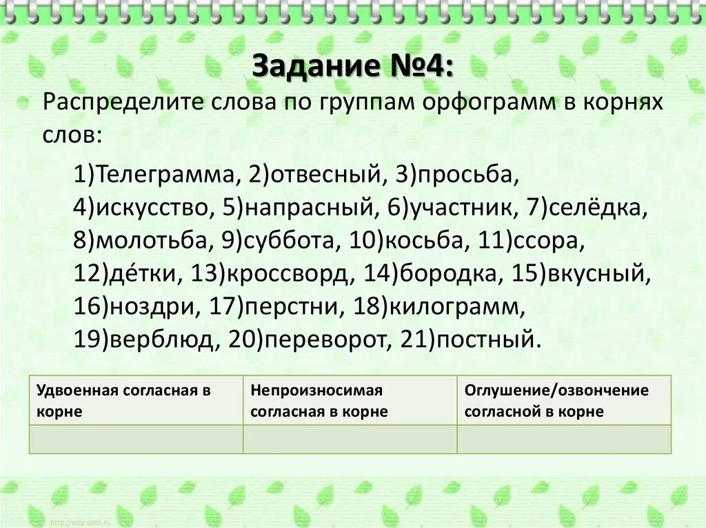 Распределить слова по группам в первую