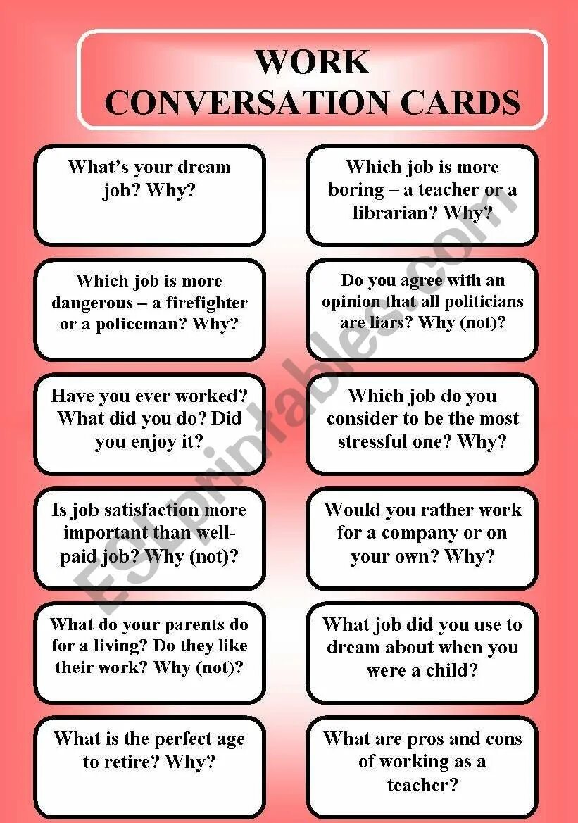 Work speaking Cards. Conversational Cards. Questions for conversation in English. Топик conversation. Talk about the job you