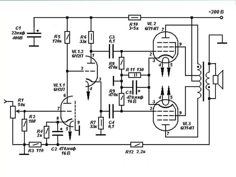 Ламповый унч схема. Ламповый усилитель 6п14п Василича. Двухтактный усилитель 6н3п и 6п14п усилитель. 6п41с усилитель двухтактный Манакова. Схема однотактного лампового усилителя.
